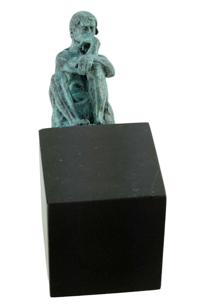 Bronze Thinker sculpture by Rodin in green patina atop a black marble base, 20 cm tall classic art figurine.