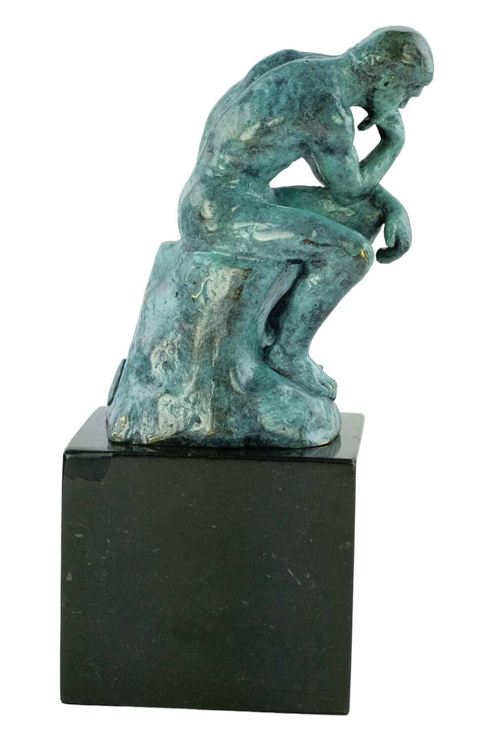 Bronze Thinker sculpture by Rodin in green patina, male nude sitting on rock, mounted on black marble base.