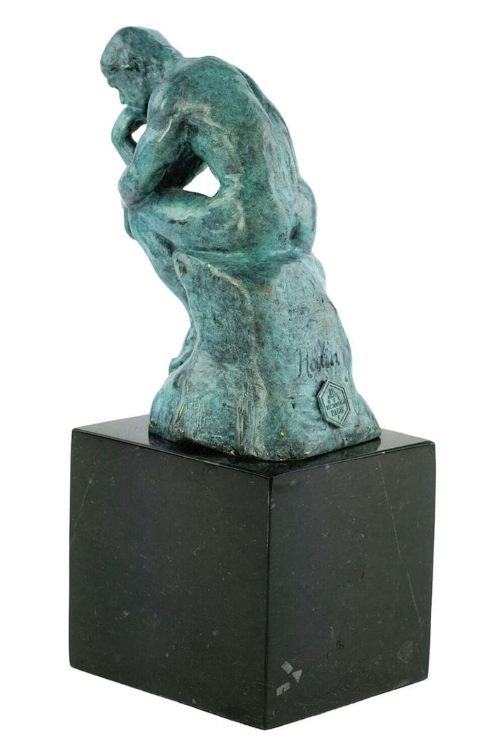 Bronze Thinker sculpture by Rodin with green patina, depicting a thinking male on a marble base, height 20 cm.