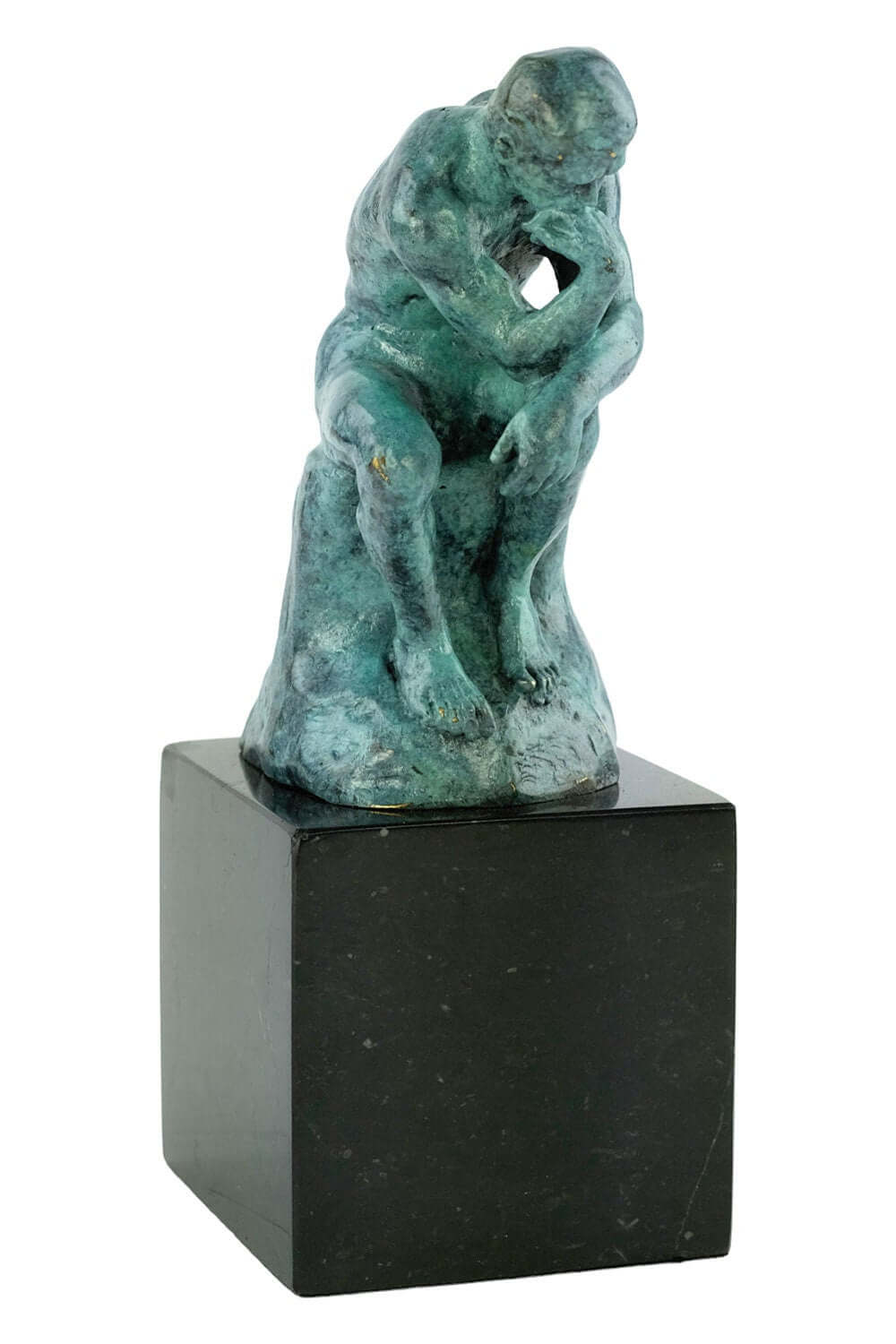 Bronze Thinker sculpture by Rodin in green patina, classic male figurine on marble base, 20 cm tall.