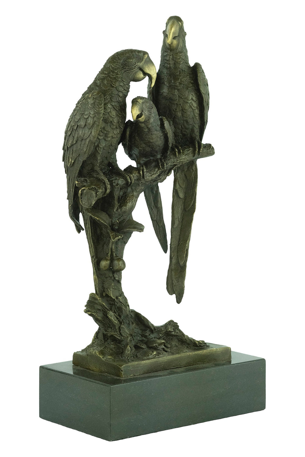 Bronze sculpture of three parrots on a branch, detailed design on marble base, dimensions 39 x 19 cm.