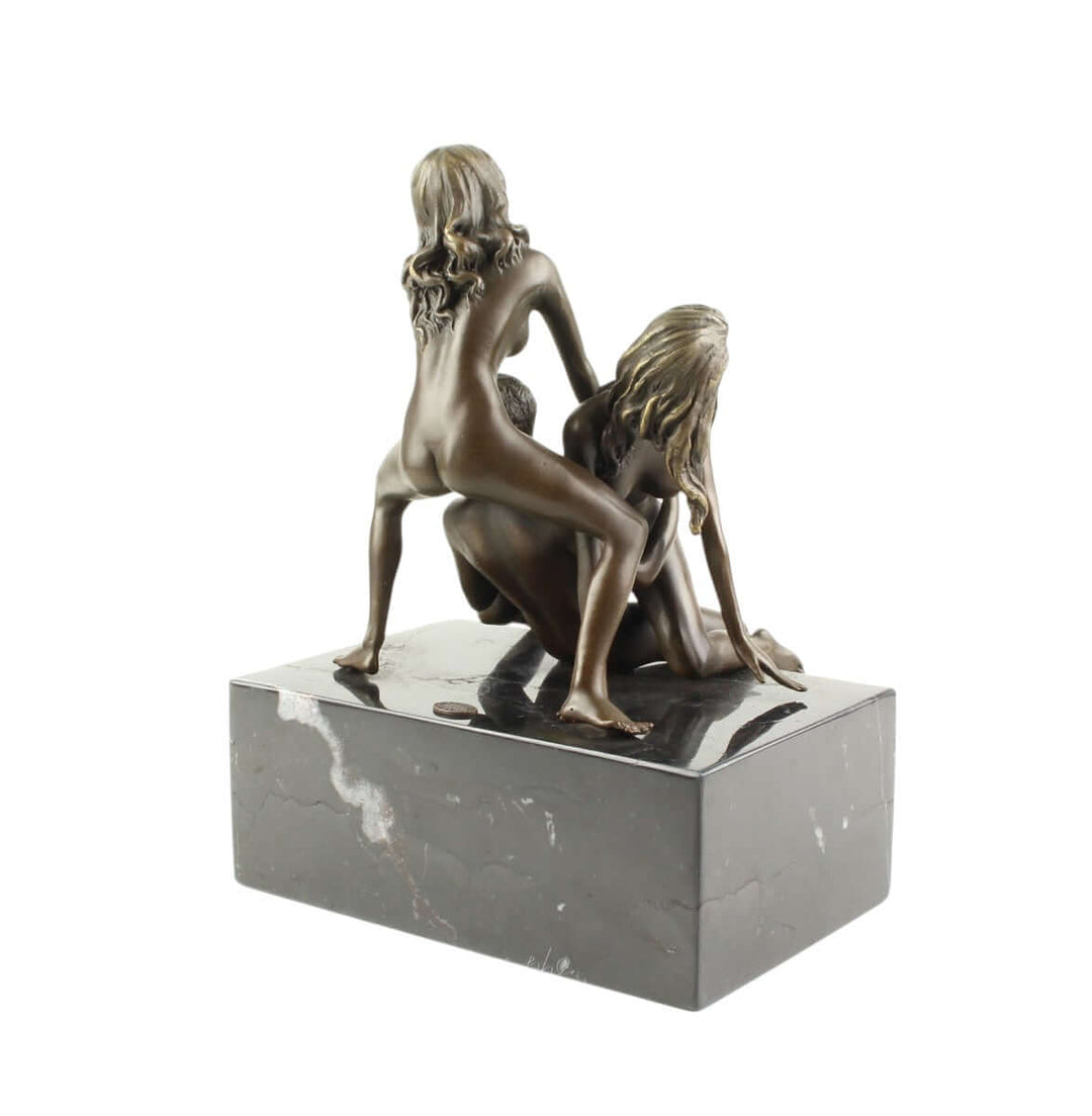 Bronze sculpture of a trio lovemaking scene on marble base, 22x17x19 cm, dynamic erotic art piece.