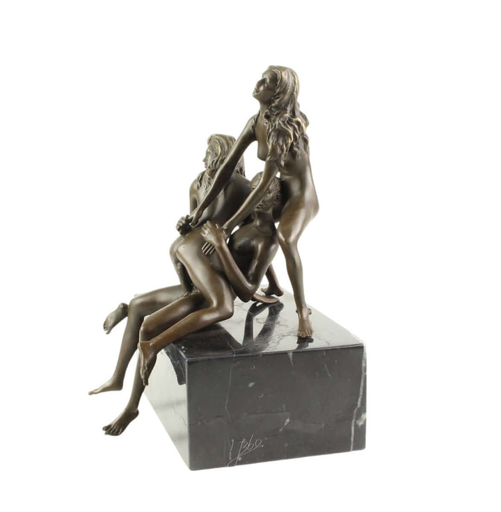 Dynamic bronze sculpture of a trio lovemaking scene, featuring a man and two females on a marble base.