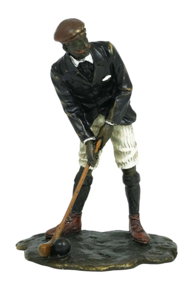 Bronze golfer sculpture in Viennese style, depicting a classic golfer ready to swing, cold painted in pastels.