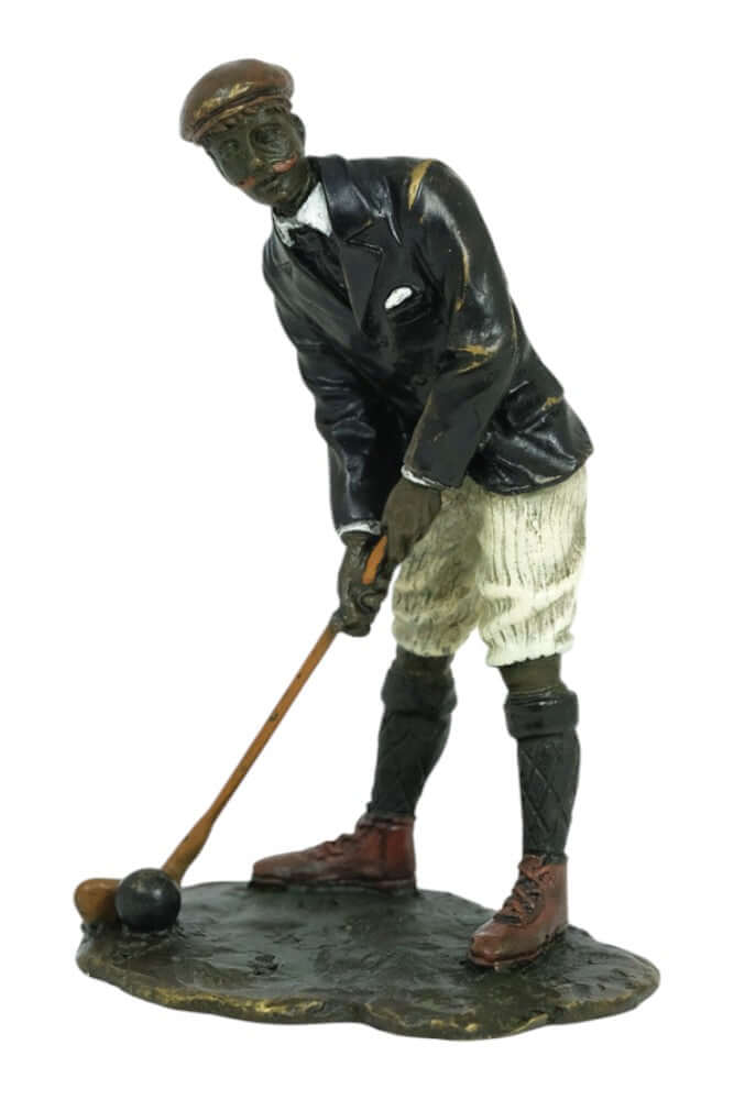 Bronze sculpture of a vintage golfer poised to swing, cold painted in pastels, Vienna style collectible.