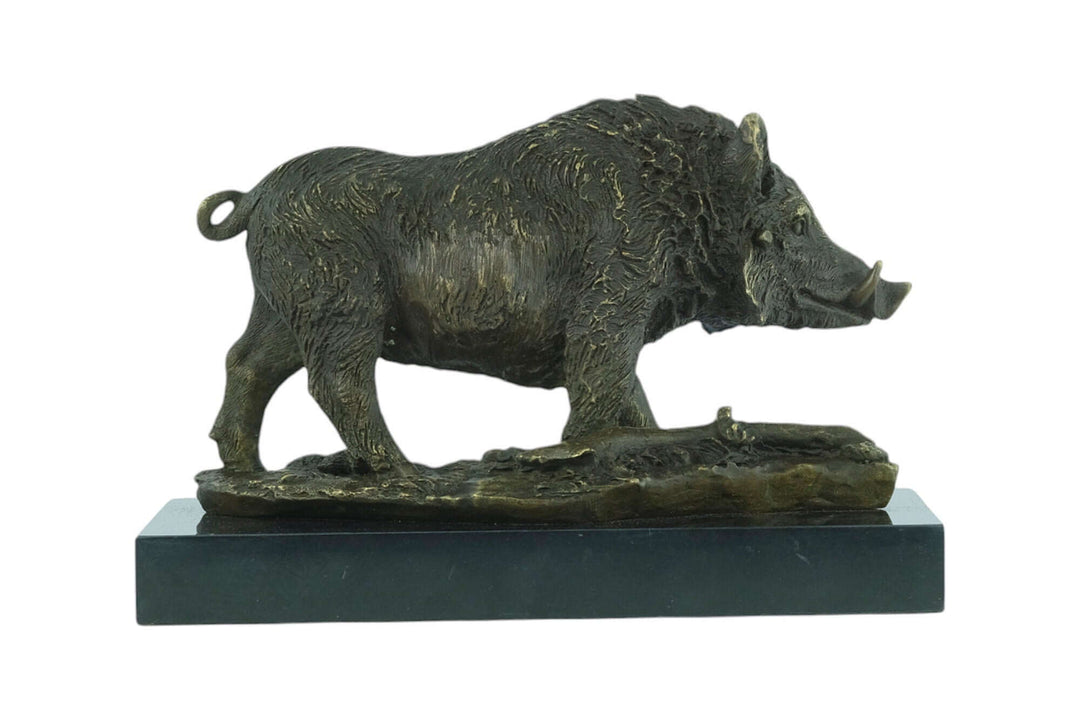 Bronze sculpture of a wild boar on a marble plateau, detailed and realistic design, 18 x 28 cm.