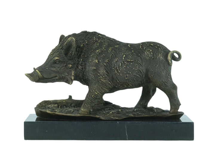 Bronze wild boar sculpture on marble base, true-to-nature detail, inspired by Antoine-Louis Barye's work.