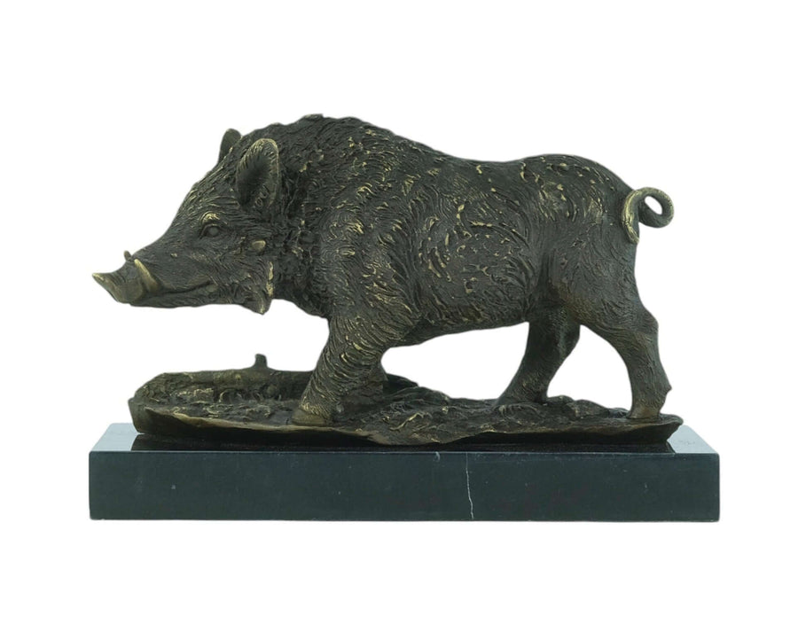 Bronze wild boar sculpture on marble base, true-to-nature detail, inspired by Antoine-Louis Barye's work.