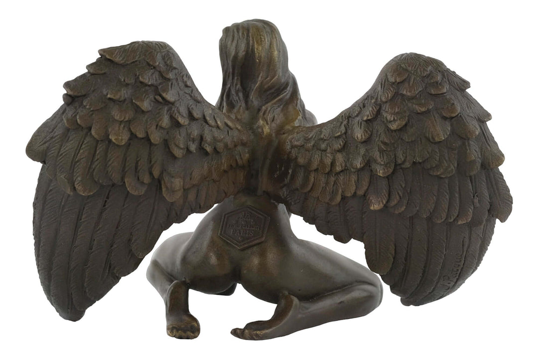 Bronze sculpture of a winged female nude from behind, showcasing detailed feathers and warm brown patina.