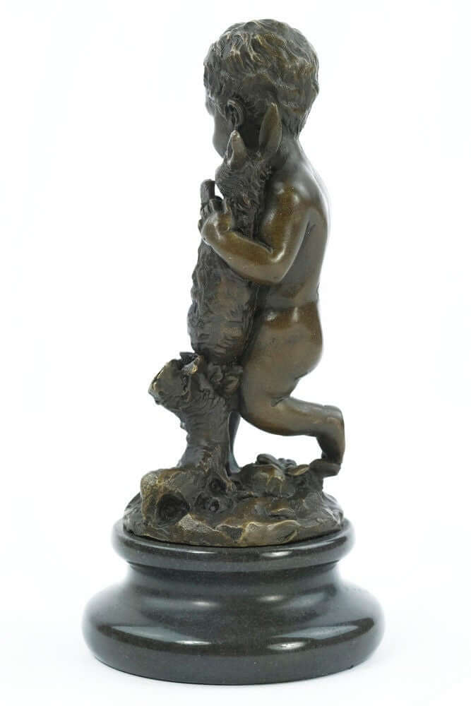 Bronze sculpture of a young boy holding a rabbit, mounted on a round marble base, stunning decorative art piece.