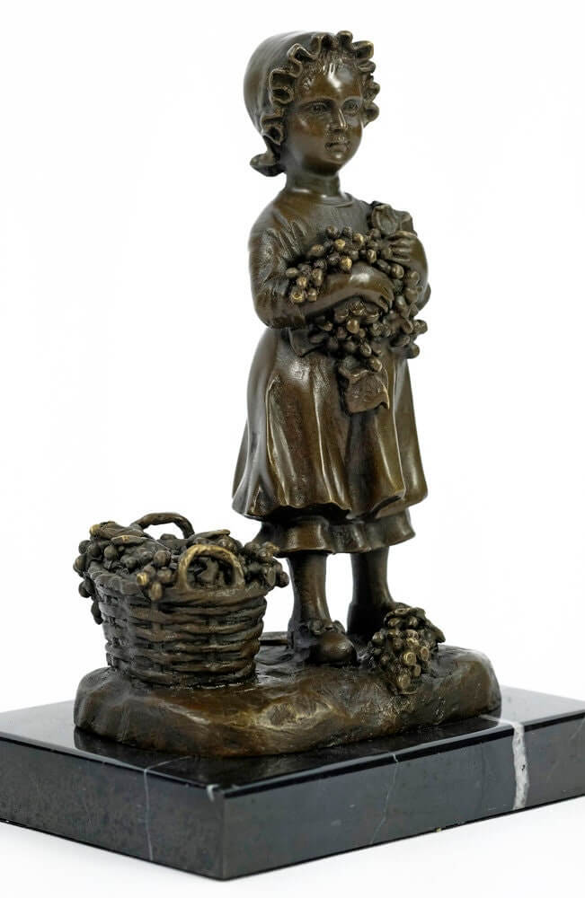 Bronze sculpture of a young girl harvesting grapes, holding a basket on a marble base, decorative piece for wine lovers.