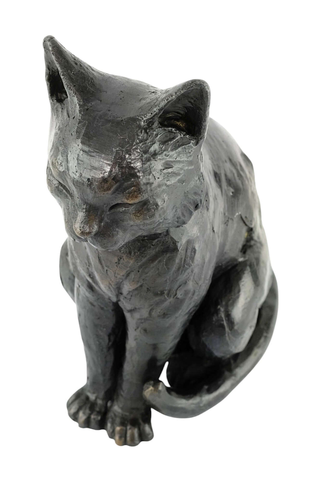 Bronze sculpture of a sitting cat, detailed design, perfect for indoor or outdoor decoration, 27 x 21 cm.