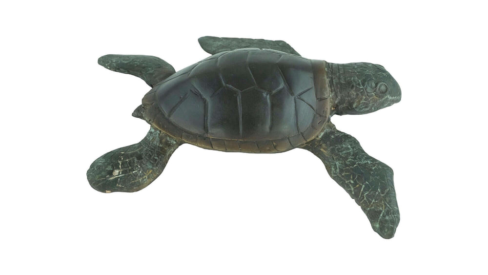 Bronze sculpture of a swimming turtle, showcasing intricate design and multi-colored patina. Dimensions: 6 x 24 x 22 cm.