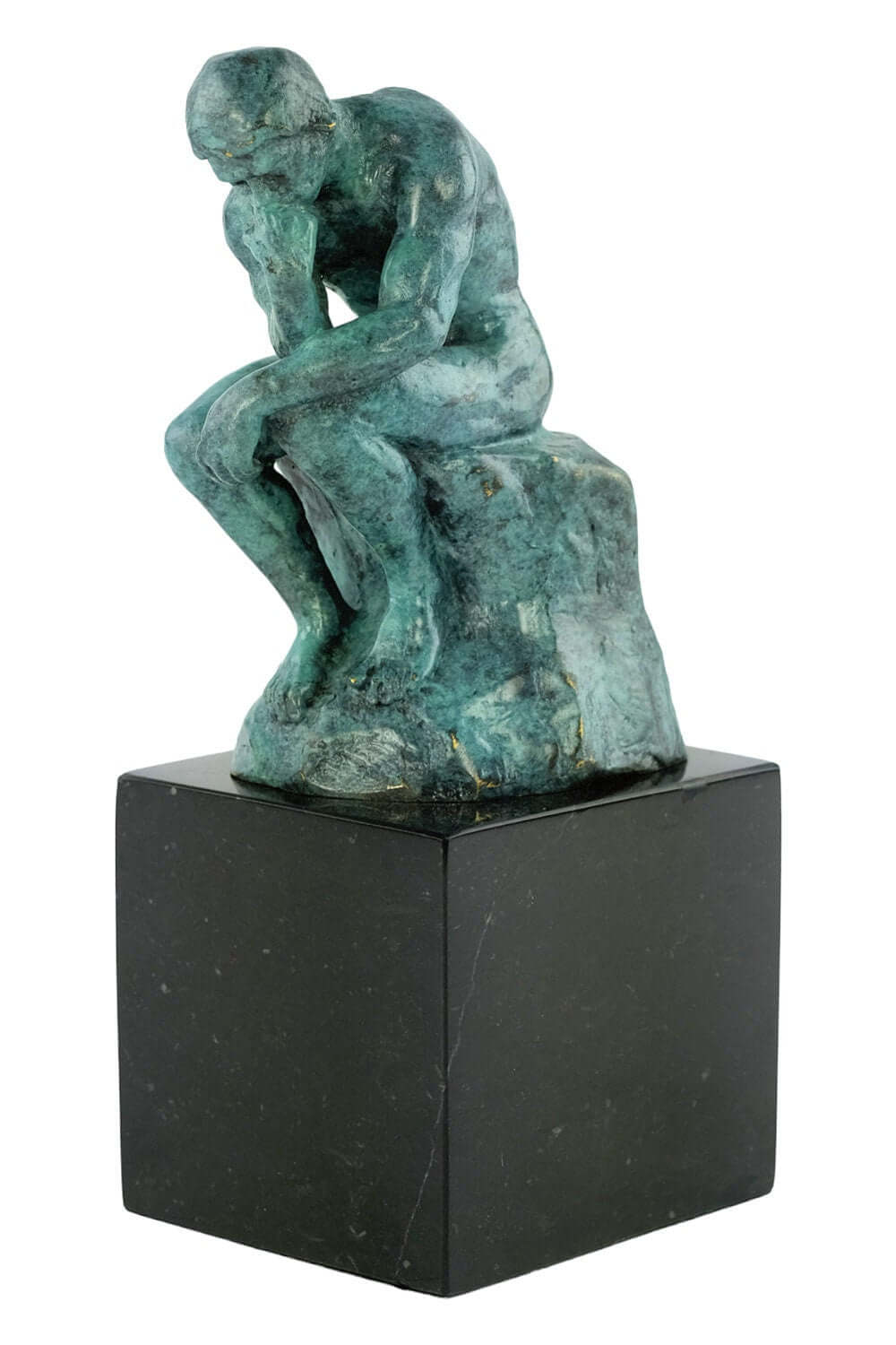 Bronze Thinker sculpture by Rodin in green patina, depicting a thinking male figure on a marble base.