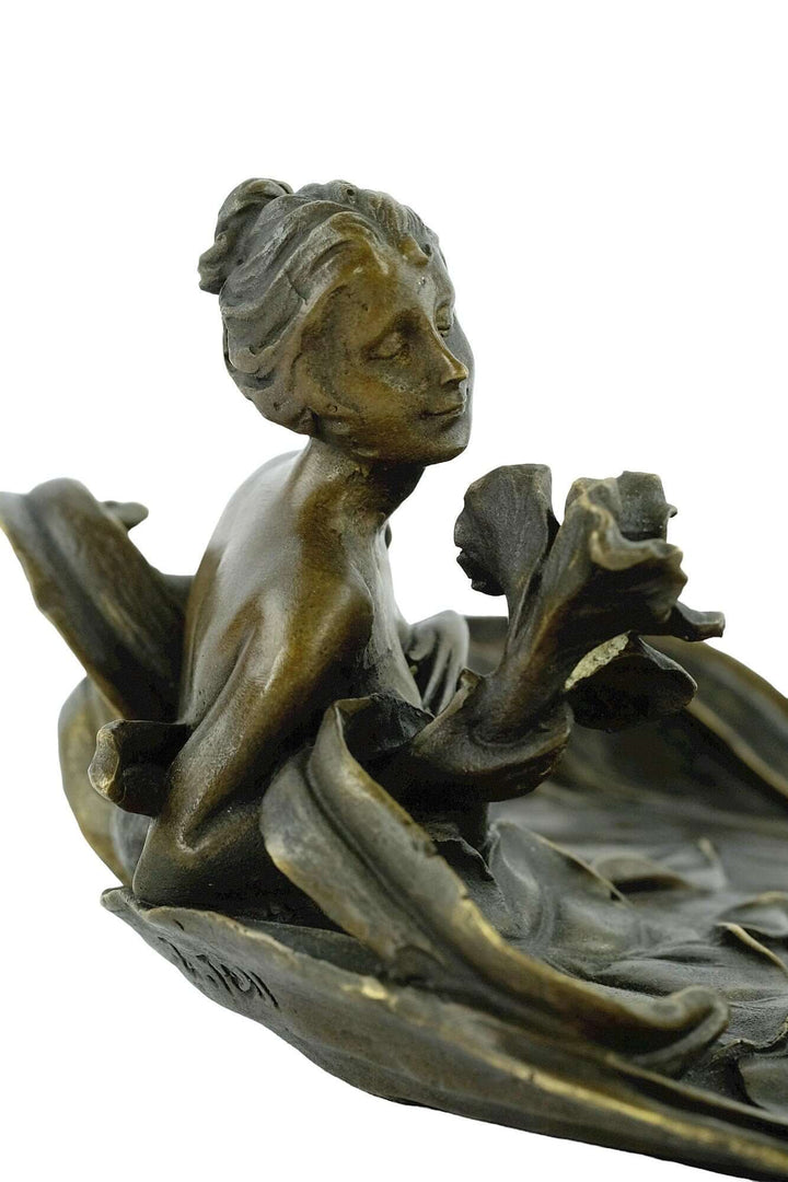 Detailed bronze tray featuring a bathing female figure and floral motifs in Art Nouveau style.