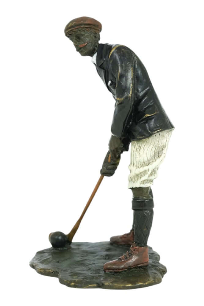 Bronze sculpture of a vintage golfer in Vienna bronze style, ready to swing with pastel colors, 10.5 x 8 cm.