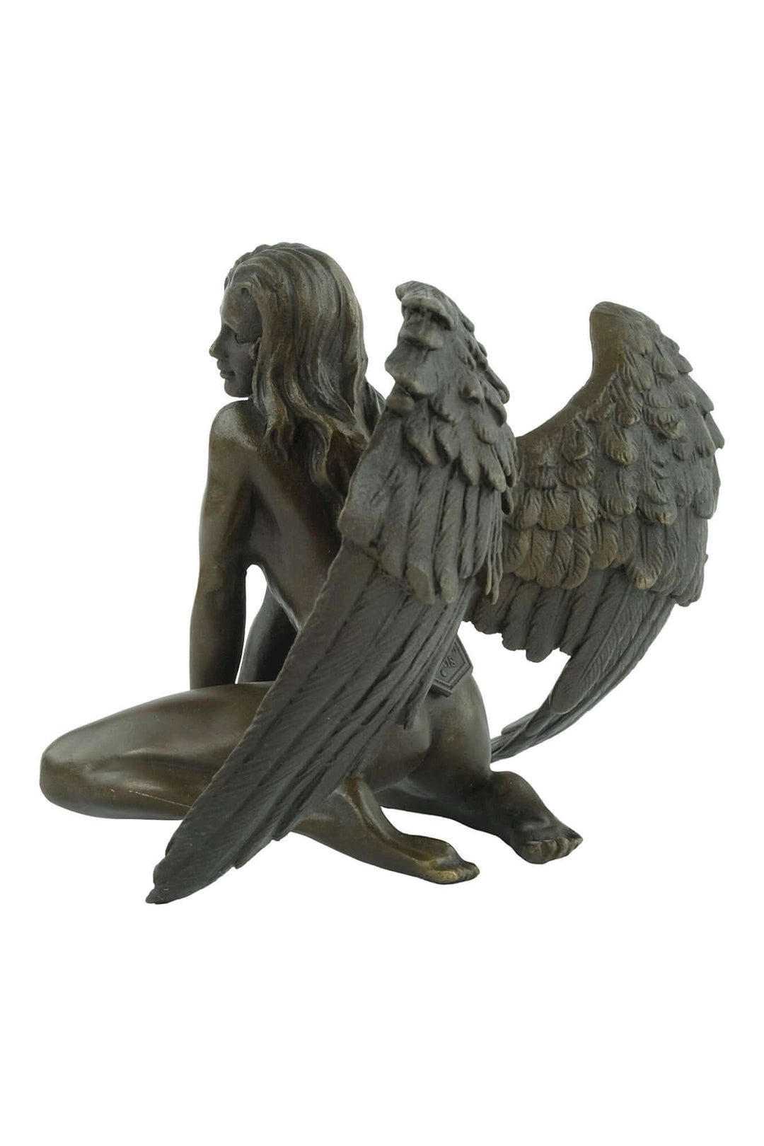 Bronze sculpture of a winged female nude leaning forward, detailed with a warm patina, signed by J. Patoue.