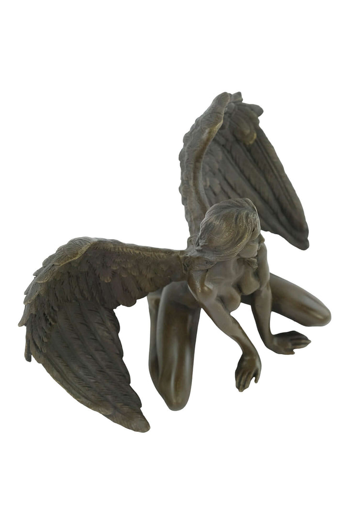 Bronze sculpture of a winged female nude leaning forward, signed by J. Patoue, with detailed patina finish.