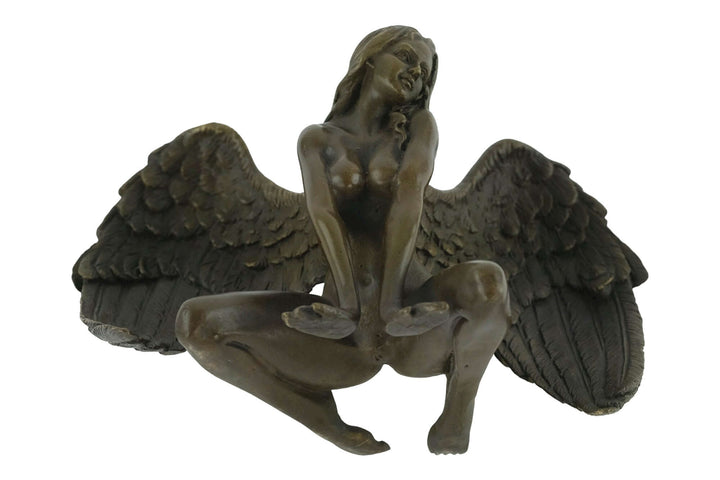 Bronze sculpture of a winged female nude leaning forward, showcasing intricate detail and warm patina finish.