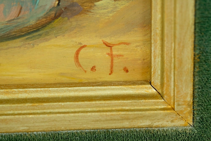 Signature 'C.F.' of Claude Firmin on an oil painting framed in gold, showcasing artist's craftsmanship.