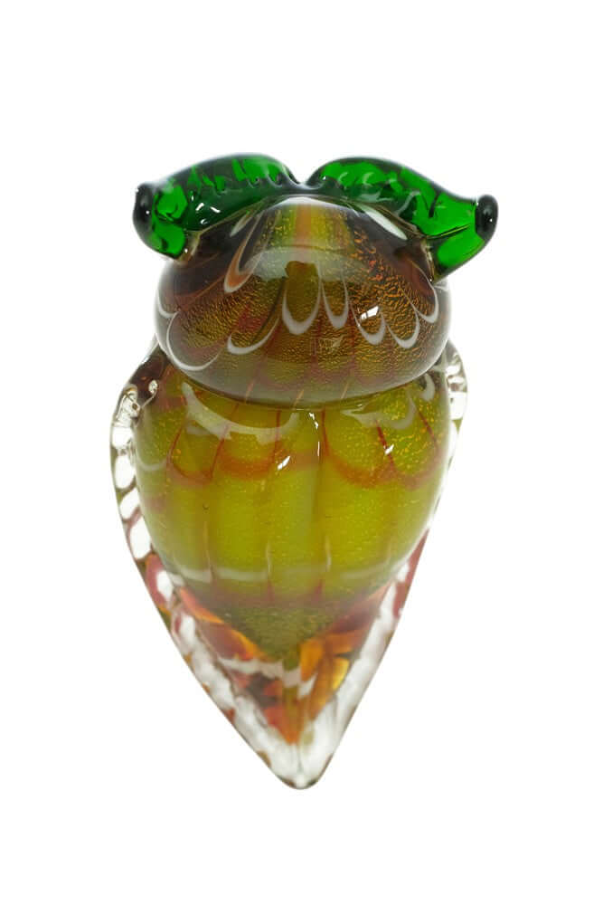 Colorful Murano glass owl sculpture, decorative art piece, 20 x 9.5 cm, ideal for owl lovers and collectors.