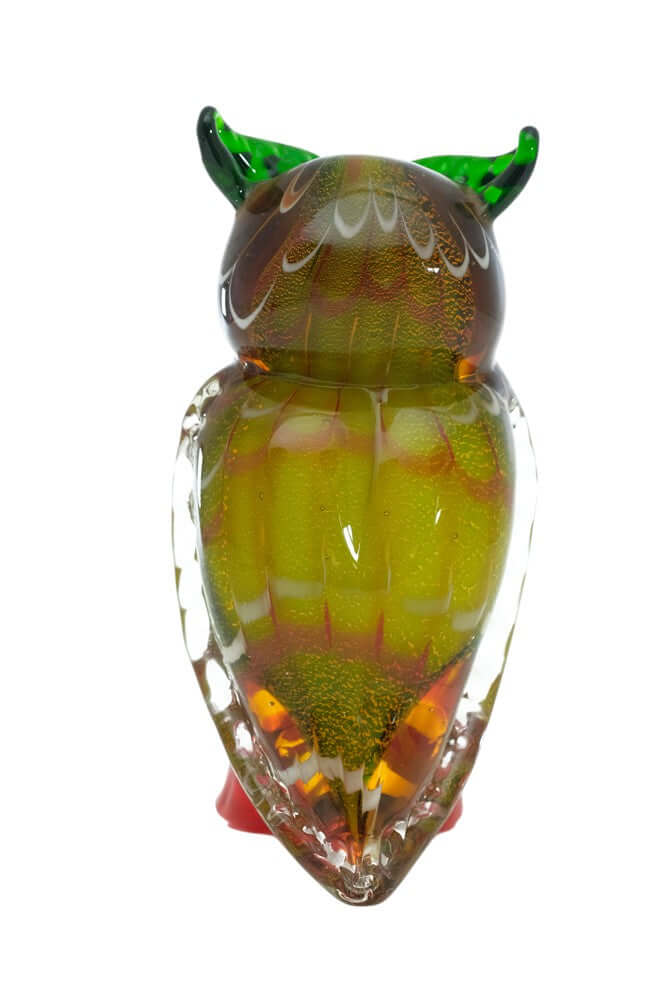 Colourful Murano glass owl sculpture, standing, 20cm tall, decorative piece for owl lovers, vibrant hues, handcrafted.