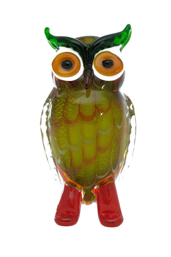 Colourful Murano glass sculpture of a standing owl, 20 cm tall, decorative for owl lovers, in vivid green and red.