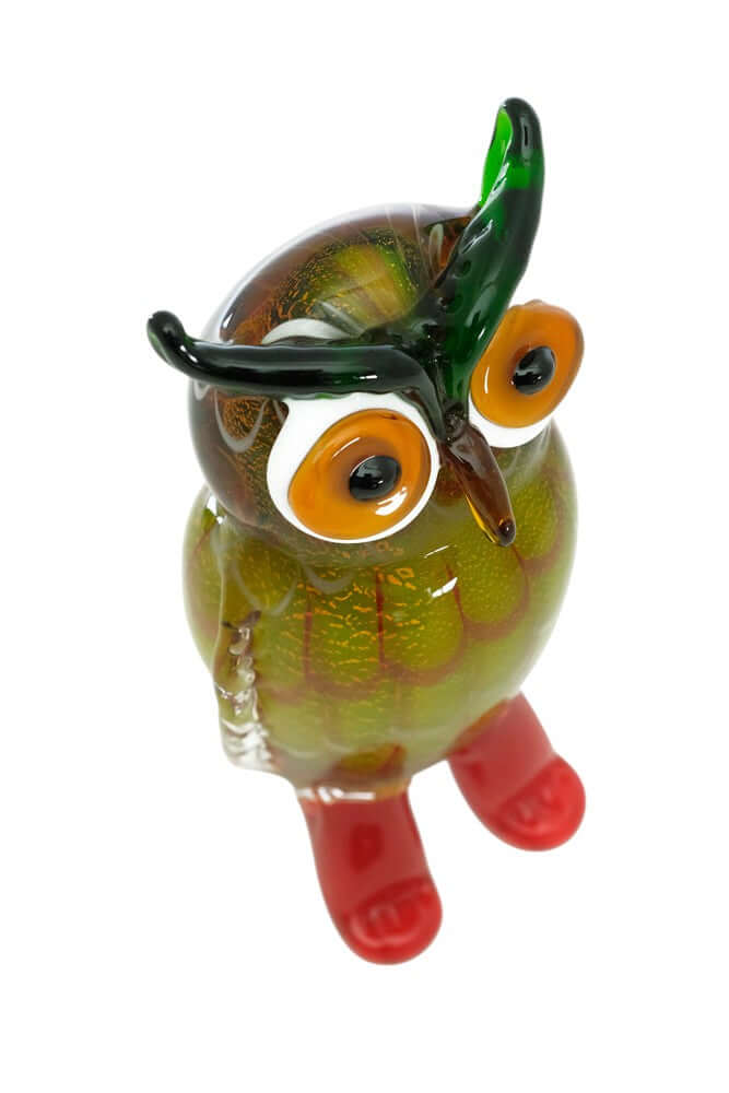 Colourful Murano glass sculpture of a standing owl with vibrant colors, perfect for owl lovers.
