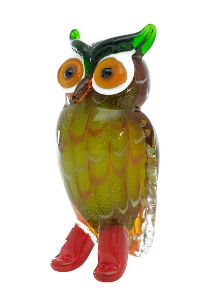 Colourful Murano glass owl sculpture, 20 cm tall, decorative art piece for owl lovers, vibrant colors.