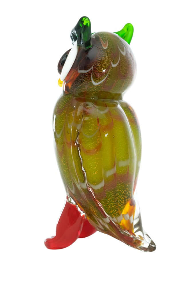 Colourful Murano glass sculpture of a standing owl, 20 cm tall, ideal for owl lovers and decorative collectors.
