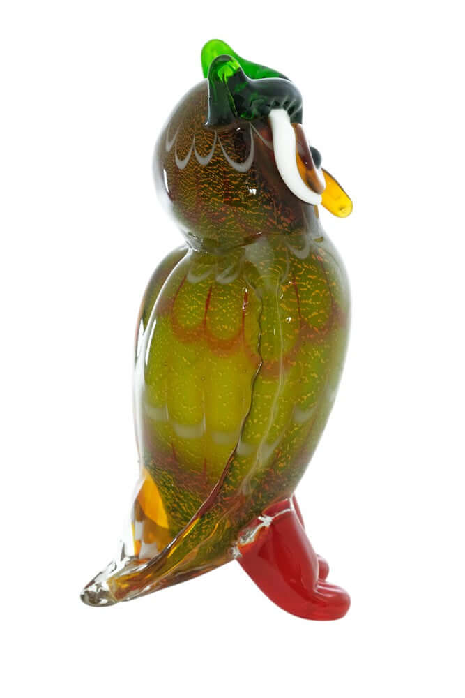 Colourful Murano glass sculpture of a side view standing owl, perfect decor for owl lovers, 20 cm tall.