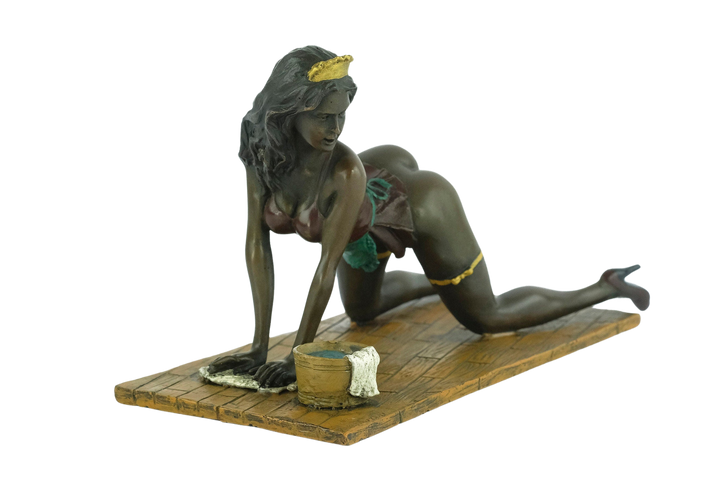 Erotic bronze sculpture of a female scrubbing the floor