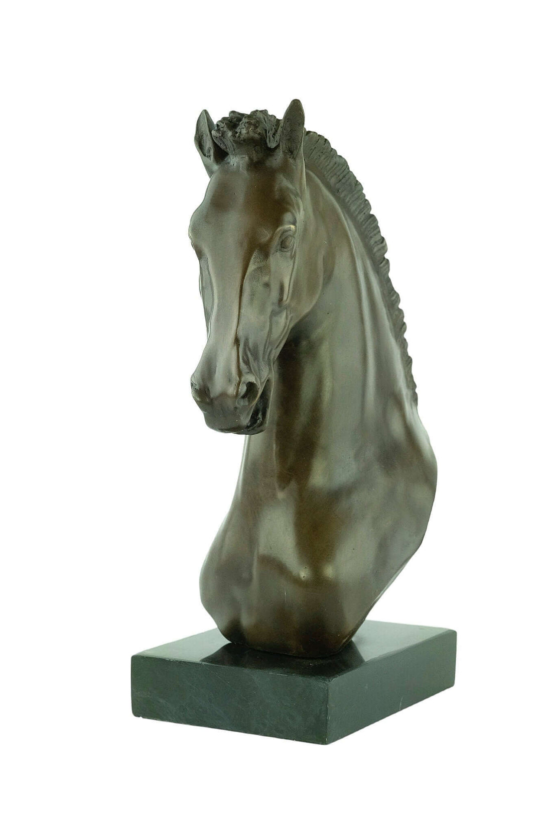 Bronze horse head sculpture with fine detailed design, warm patina, dimensions 33x18 cm, signed by Turner.