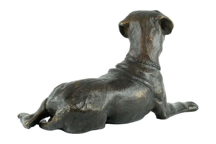 Bronze sculpture of a reclining boxer dog, showcasing fine detail and true-to-nature design for decor.
