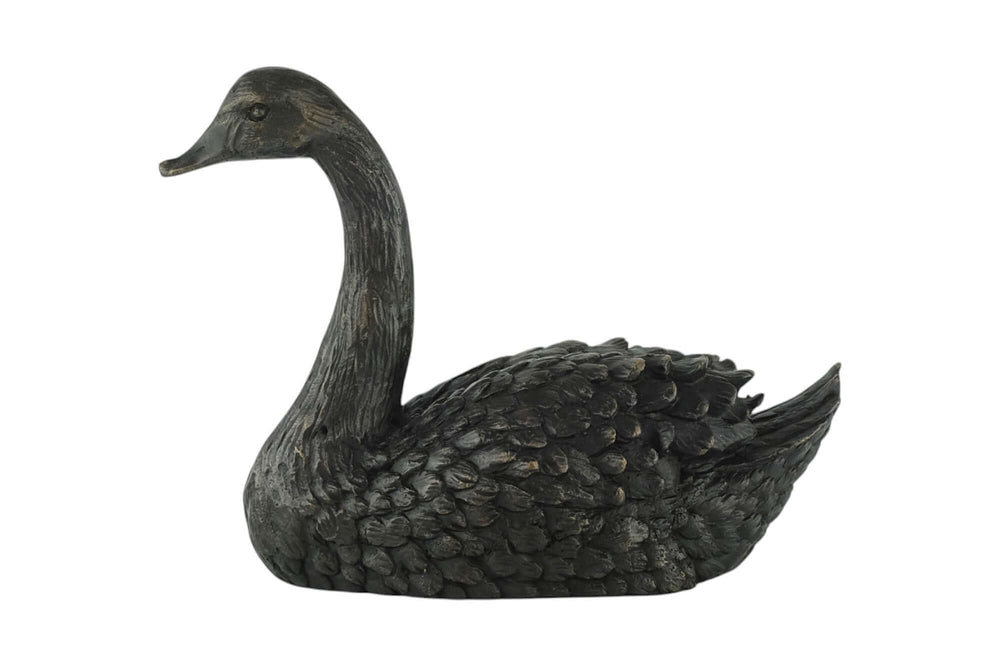 Bronze sculpture of a swimming swan, elegantly detailed, featuring a brown patina, 22 x 16 cm, perfect for display.
