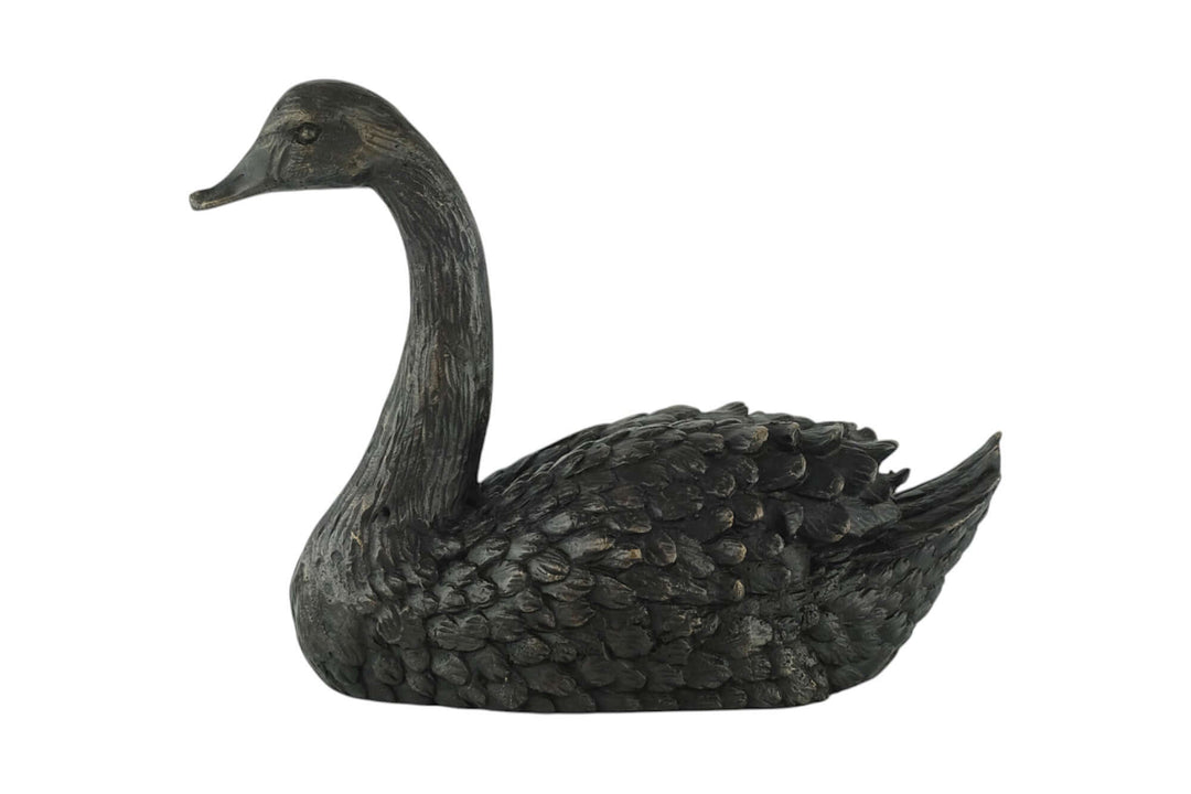 Bronze sculpture of a swimming swan, elegantly detailed, featuring a brown patina, 22 x 16 cm, perfect for display.