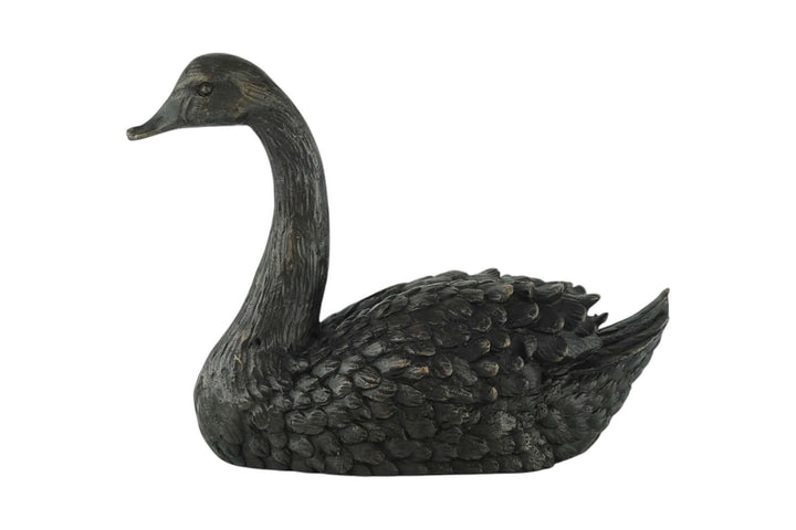 Bronze sculpture of a swimming swan, elegantly detailed, featuring a brown patina, 22 x 16 cm, perfect for display.