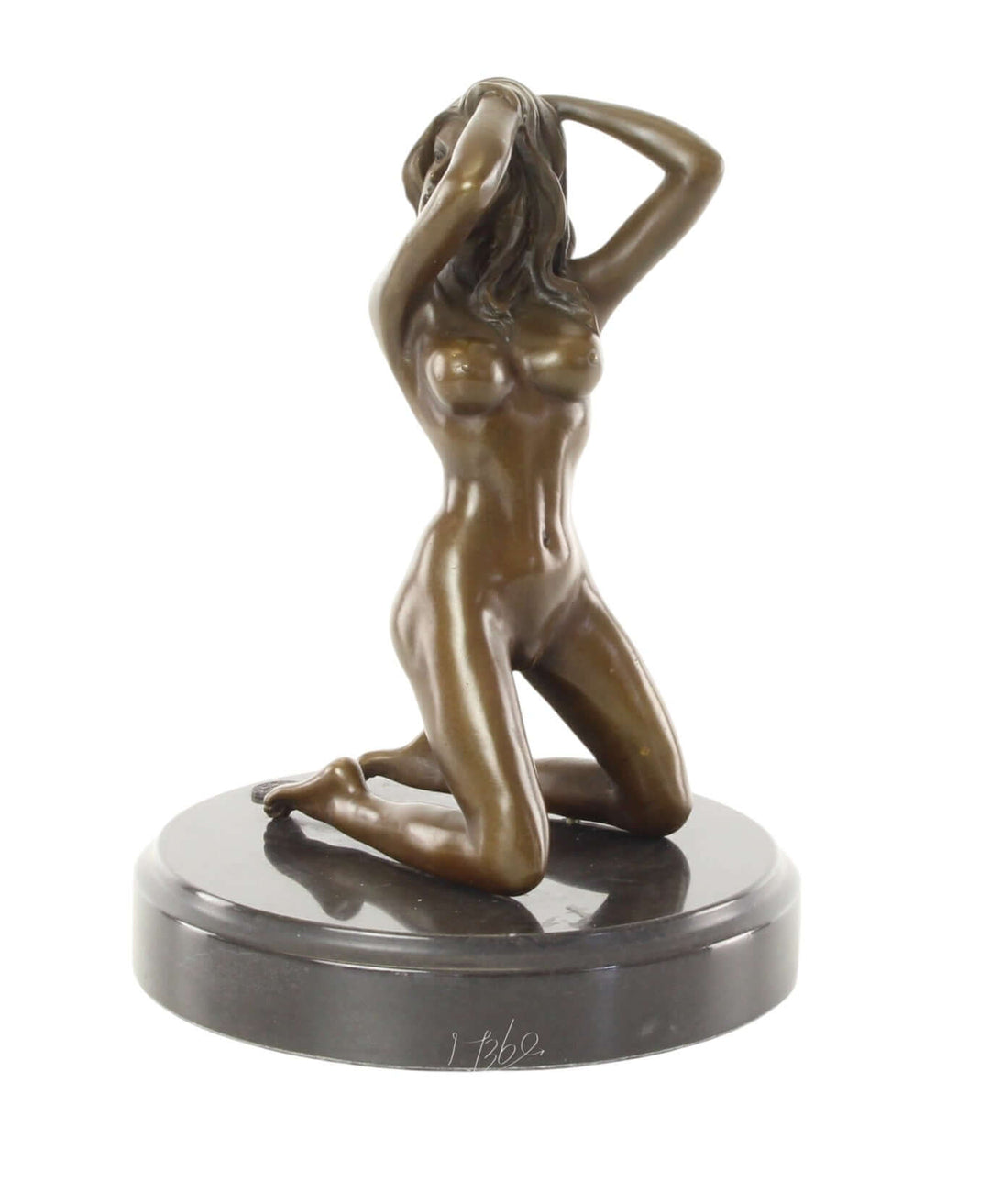 Erotic bronze sculpture of a nude woman kneeling, sensually posing on a round marble base. 21x16 cm size.