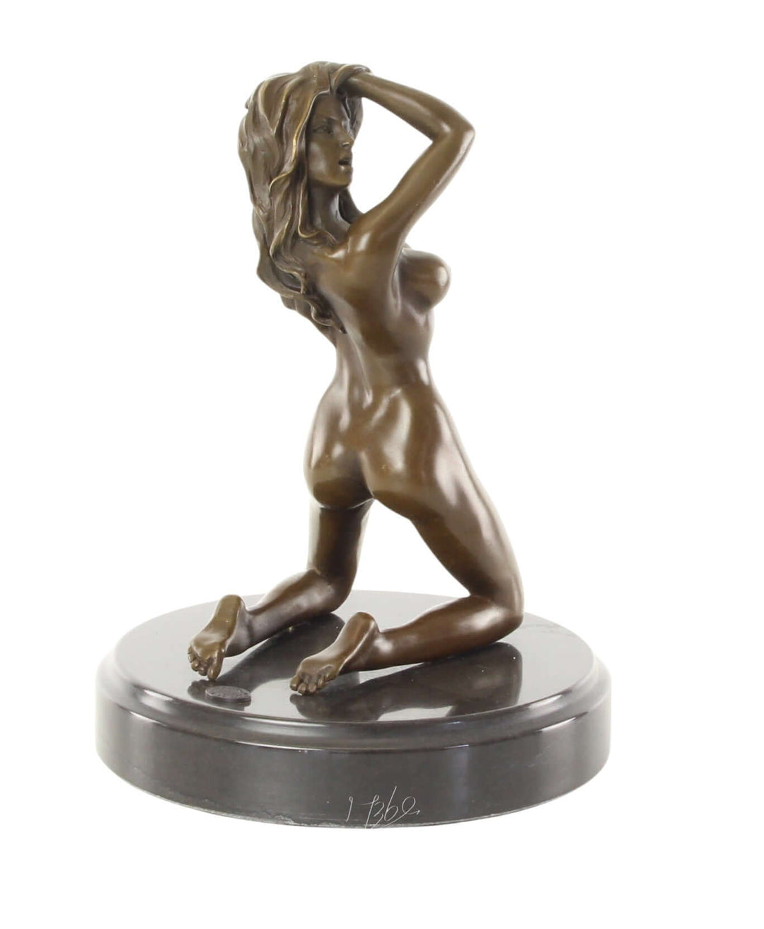 Erotic bronze sculpture of a nude female kneeling on a marble base, detailed and sensuous design.