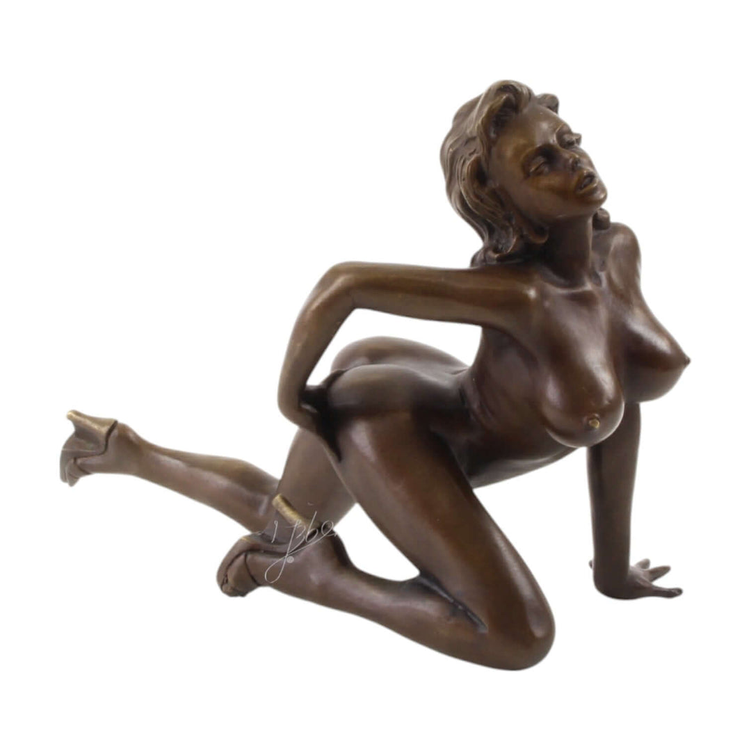Bronze sculpture of a nude woman pleasuring herself from behind, detailed and erotic display.