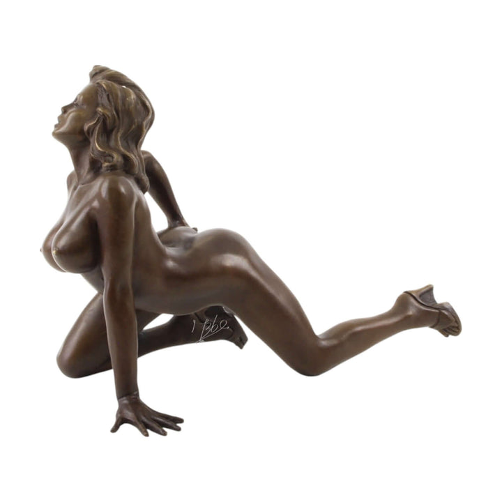 Detailed bronze sculpture of a nude woman on knees, elegantly displaying erotic pose and wearing pumps.