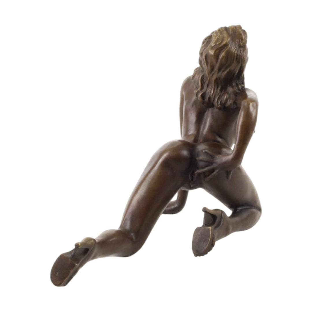 Erotic bronze sculpture of a nude woman pleasuring herself from behind, detailed finish and life-like features.
