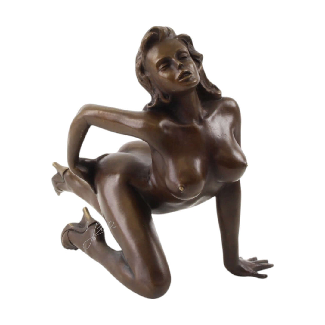 Graphic bronze sculpture of a nude woman on her knees in an erotic pose, detailed and high-quality.