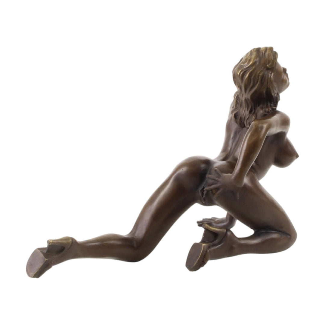 Erotic bronze sculpture of a nude woman on her knees, detailed and sensuous, measuring 22x17x31 cm.
