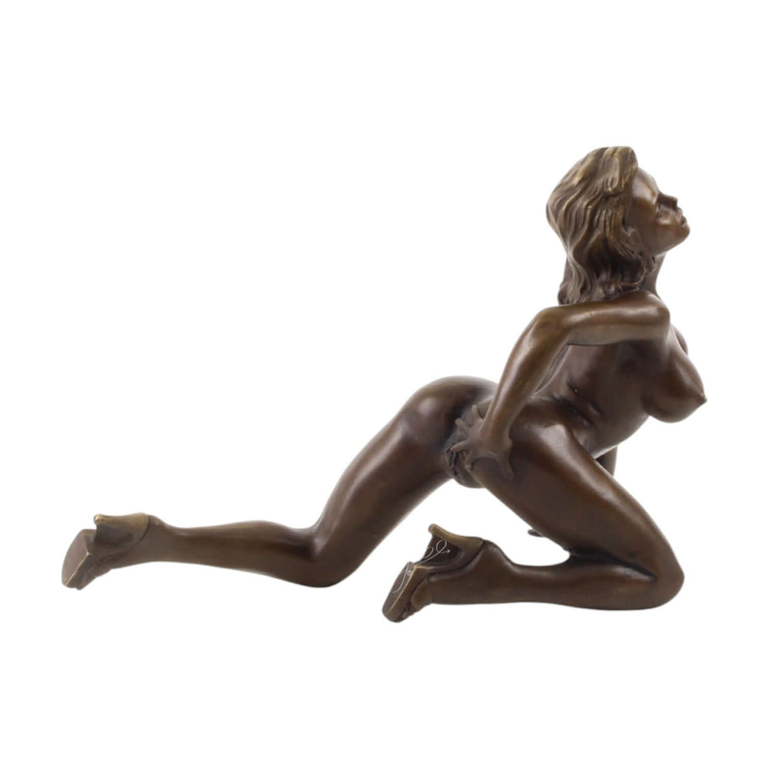 Erotic bronze sculpture of a nude woman on her knees, detailed and cast in high-quality bronze.