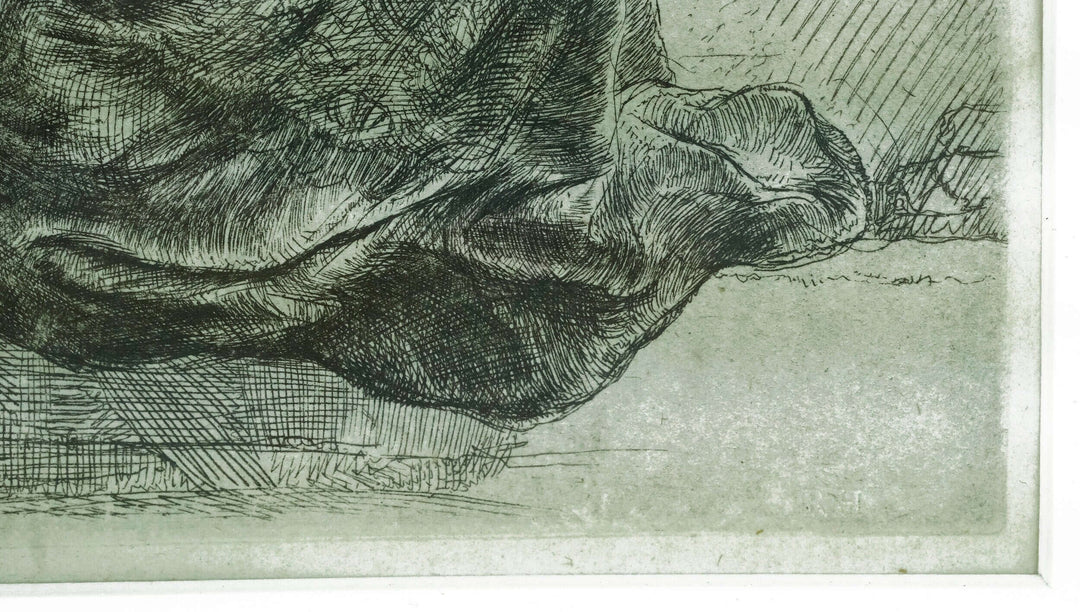 Detail of framed etching 'Leaning on a stone sill' by Rembrandt van Rijn, showcasing intricate texture.