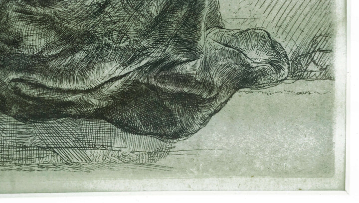 Detail of framed etching 'Leaning on a stone sill' by Rembrandt van Rijn, showcasing intricate texture.