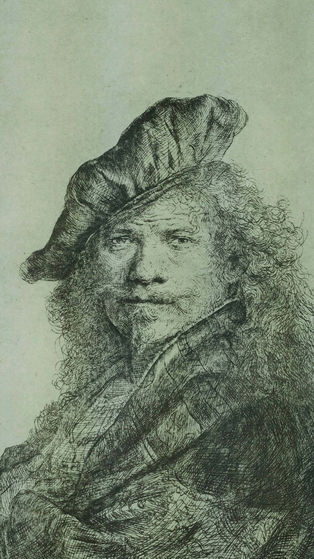 Framed self-portrait etching 'Leaning on a stone sill' by Rembrandt van Rijn, dimensions 16x21 cm, detailed shading.