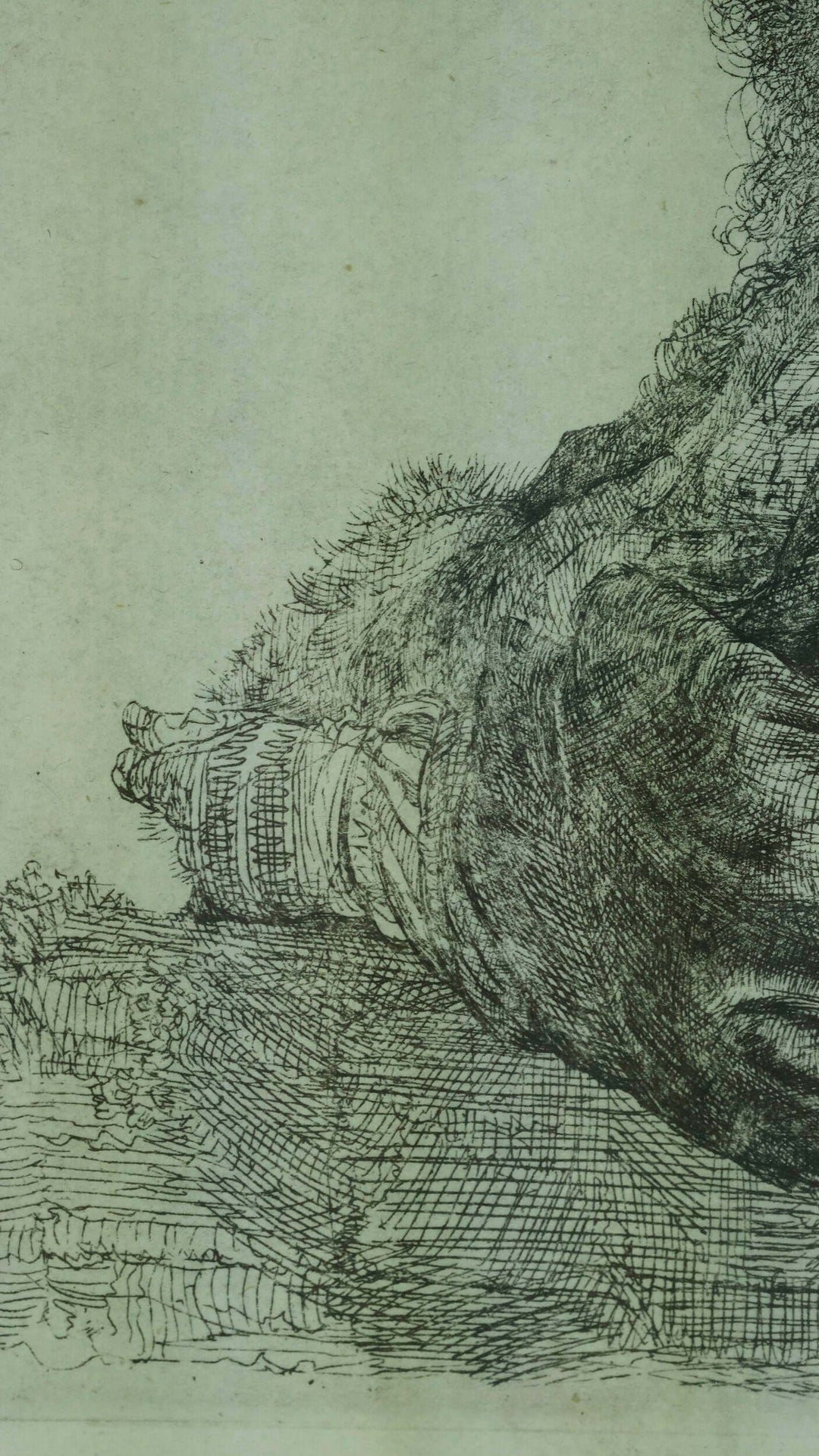 Detail of self-portrait etching 'Leaning on a stone sill' by Rembrandt van Rijn, showcasing intricate lines and textures.