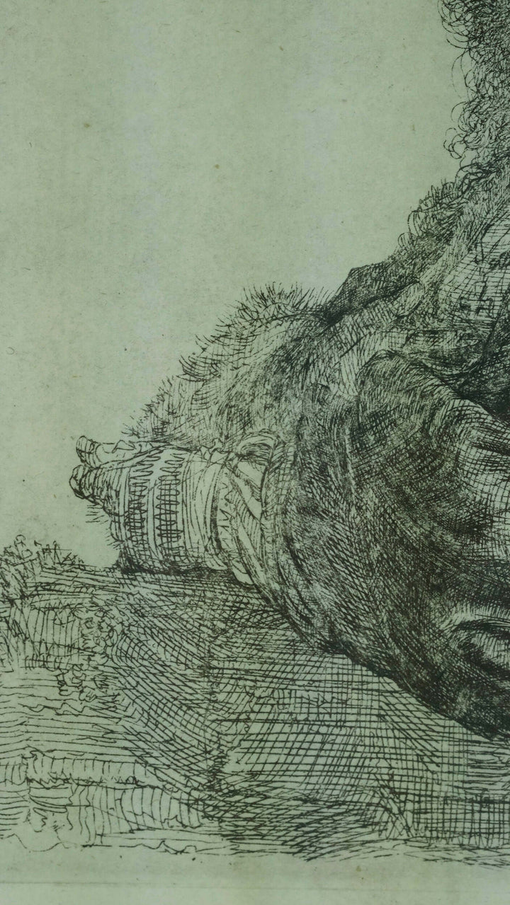 Detail of self-portrait etching 'Leaning on a stone sill' by Rembrandt van Rijn, showcasing intricate lines and textures.